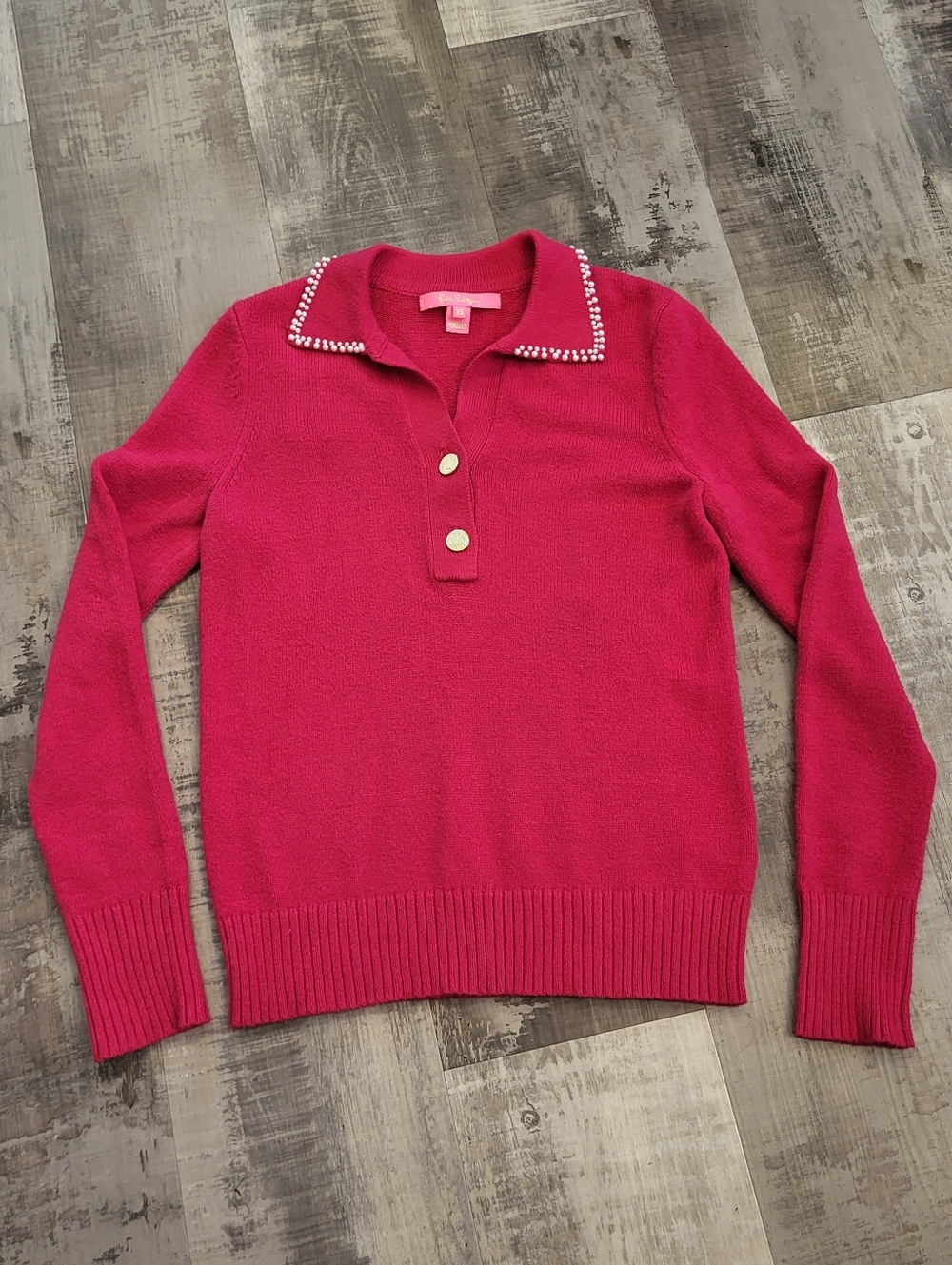 Lilly Pulitzer Lizona 1/4 Gold Button Sweater Pearled Collar Red Pink Size XS